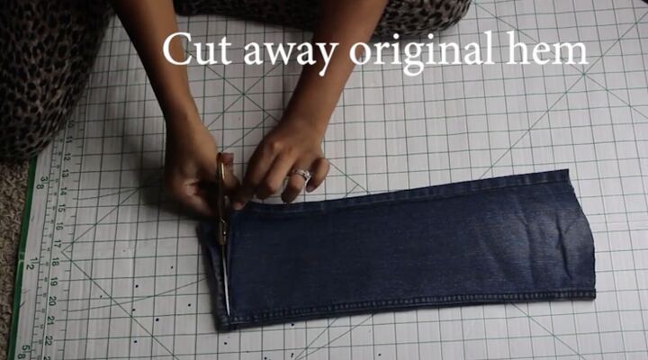 diy flare jeans how to make cropped frayed hem flare jeans, Cutting off the original hem