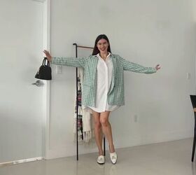 how to wear an oversized blazer 5 easy to style outfit formulas, White mini shirt dress with a gingham blazer