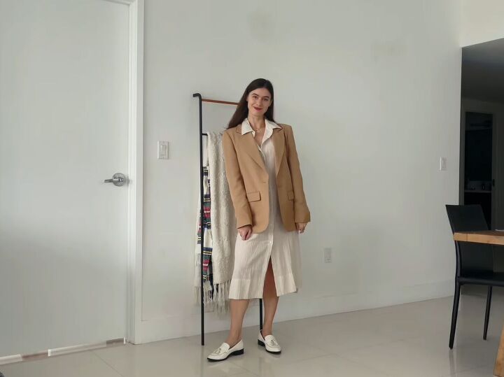 how to wear an oversized blazer 5 easy to style outfit formulas, Oversized blazer with a shirt dress
