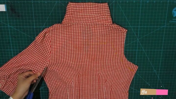 how to repurpose a button down shirt to make a diy tie back crop top, Cutting off the sleeves of the shirt