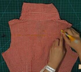how to repurpose a button down shirt to make a diy tie back crop top, Marking the new neckline