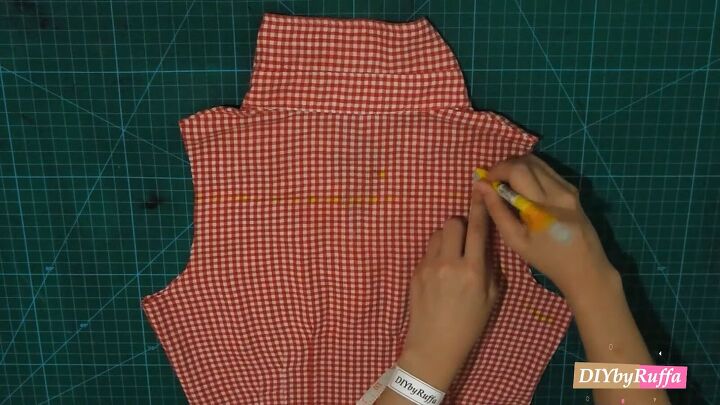 how to repurpose a button down shirt to make a diy tie back crop top, Marking the new neckline