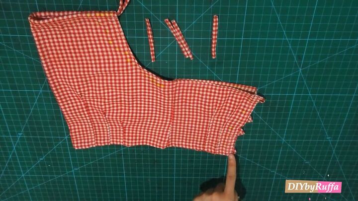how to repurpose a button down shirt to make a diy tie back crop top, Making and attaching loops for the ties
