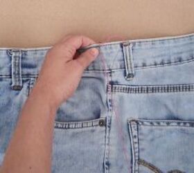 how to downsize jeans with without sewing 6 different ways, Taking in the waist by hand sewing