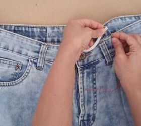 how to downsize jeans with without sewing 6 different ways, Inserting elastic into jeans to downsize them