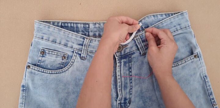 how to downsize jeans with without sewing 6 different ways, Inserting elastic into jeans to downsize them