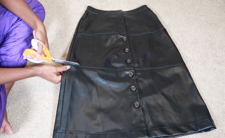 this sexy diy leather two piece set was made from a thrifted skirt, How to make a DIY leather miniskirt