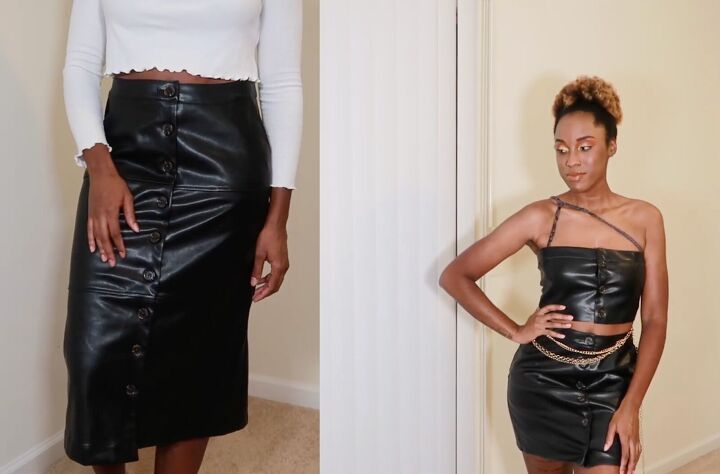 this sexy diy leather two piece set was made from a thrifted skirt, How to make a two piece set