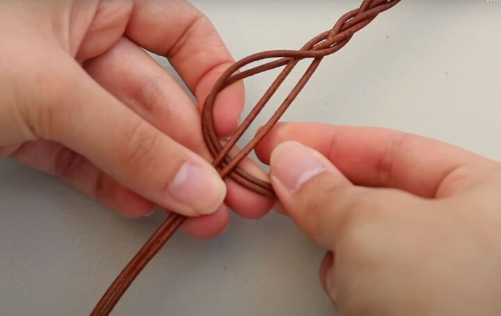 how to make a leather necklace with knots braids silver beads, Knotting the leather cord pieces