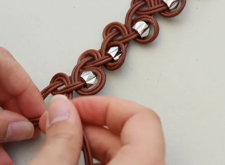how to make a leather necklace with knots braids silver beads, How to make a leather cord necklace