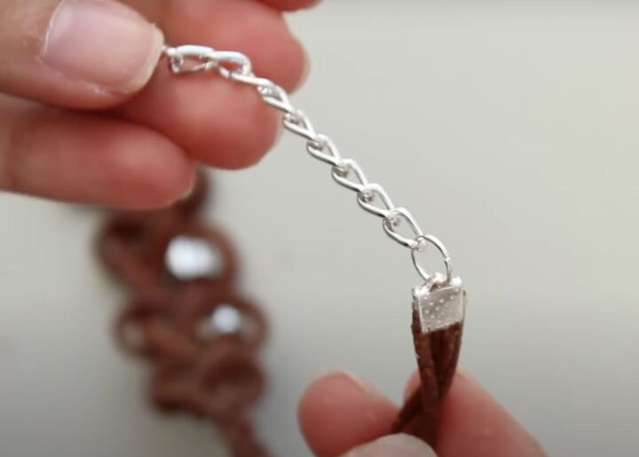 how to make a leather necklace with knots braids silver beads, Adding chain pieces and jump rings