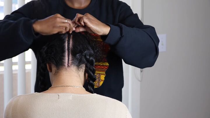 how to create a striking protective braided updo step by step, Braiding hair up the back middle part