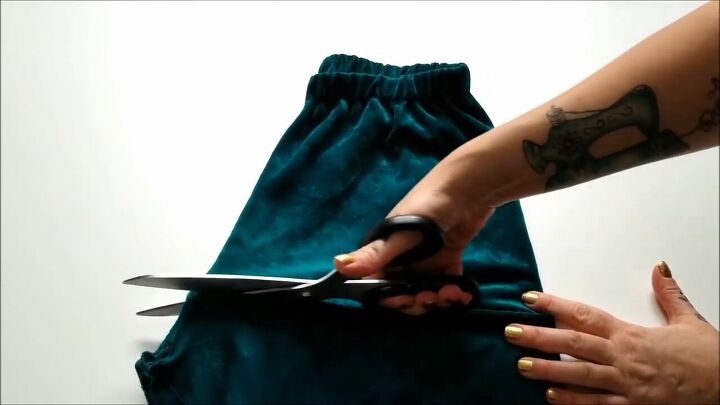 how to make a christmas tree skirt into a skirt you can actually wear, Cutting a new waistband from old pants
