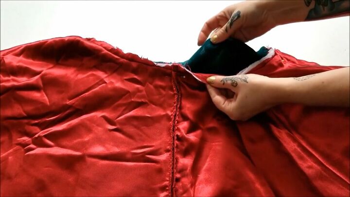 how to make a christmas tree skirt into a skirt you can actually wear, Attaching the new waistband to the skirt