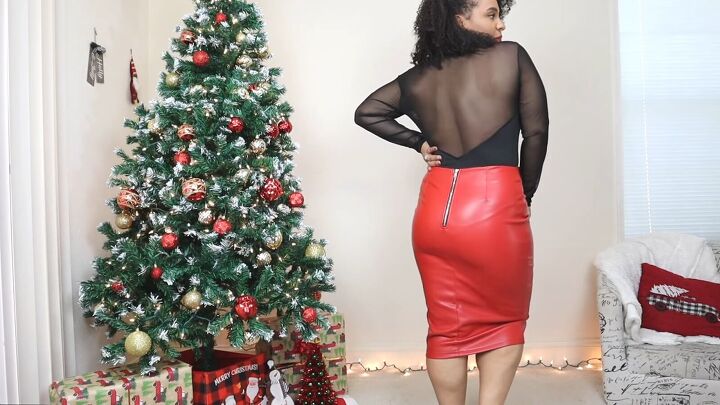 4 cute christmas outfits with leather skirts to wear for the holidays, Christmas party outfit with a leather skirt