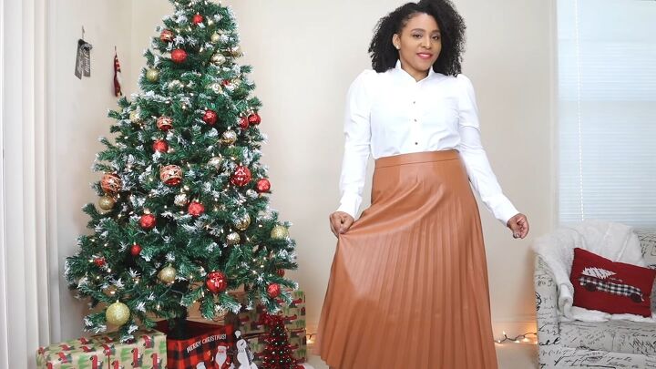 4 cute christmas outfits with leather skirts to wear for the holidays, Maxi leather skirt for a holiday party