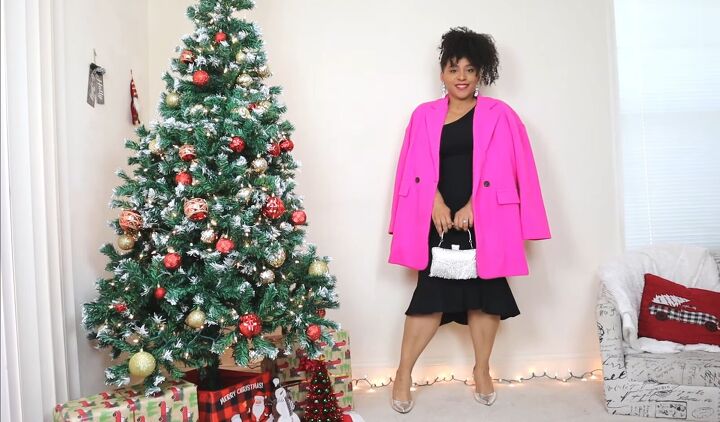 4 little black christmas dress outfit ideas from casual to glam, Wearing a bright fuschia coat over an LBD