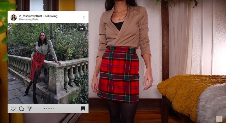3 ways to make new holiday outfits from clothes you already own, Holiday outfit with a plaid skirt