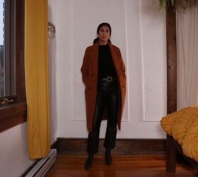 3 ways to make new holiday outfits from clothes you already own, Black holiday outfit with a caramel coat
