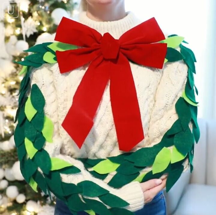 6 amazing diy ugly christmas sweater ideas including 1 for hanukkah, Red bow for the DIY ugly Christmas sweater