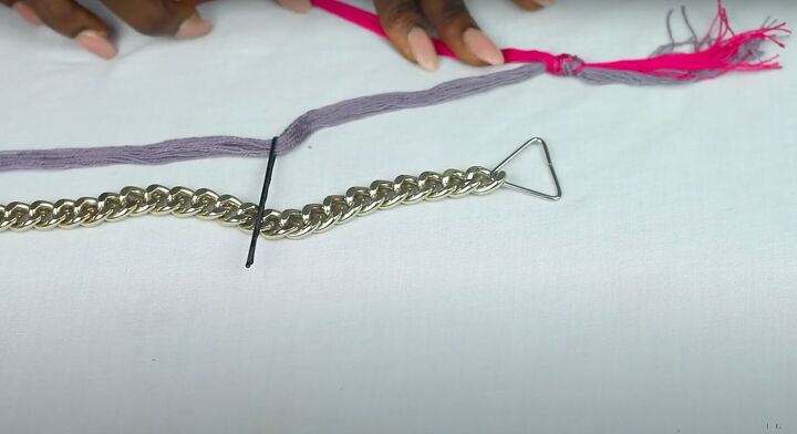 how to make a statement chain necklace out of an old purse strap, Attaching bobby pins to the thread