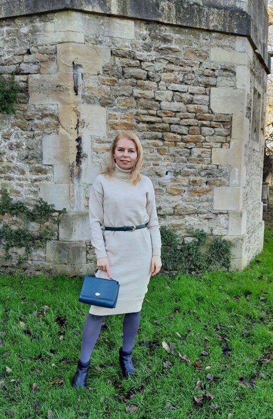 3 jumper dresses styling, Neutrals with colourful accessories