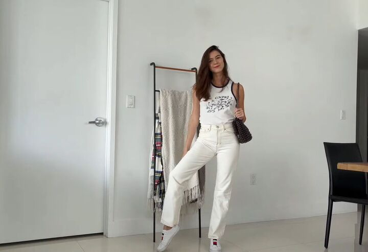 20 nice outfits with white jeans for all seasons yes even winter, White jeans with a white ringer tank