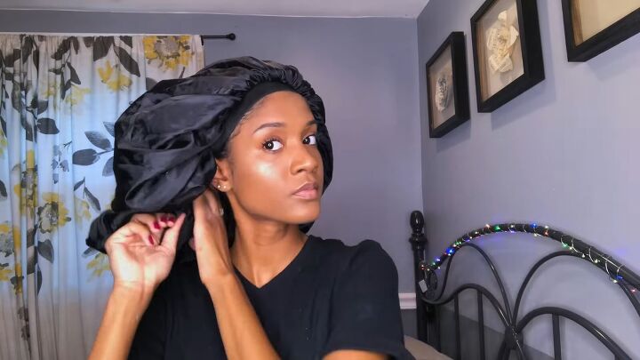 how to make use a greek yogurt hair mask for natural curls, Wrapping the hair in a plastic bag and bonnet