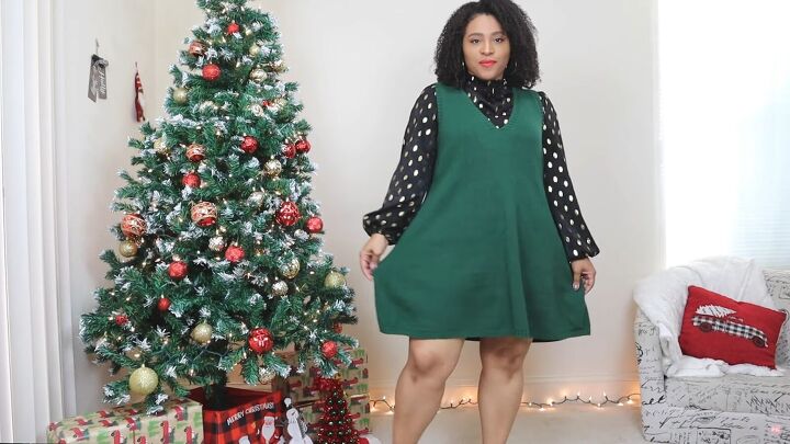 5 cute colorful christmas dress outfits for the festive holidays, Green Christmas dress with a black top