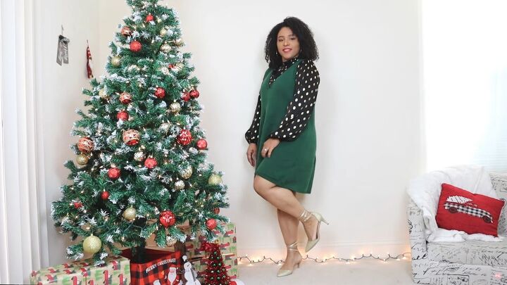 5 cute colorful christmas dress outfits for the festive holidays, Christmas dress outfit with gold shoes