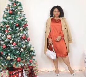 5 cute colorful christmas dress outfits for the festive holidays, Adding a tan trench coat over the top