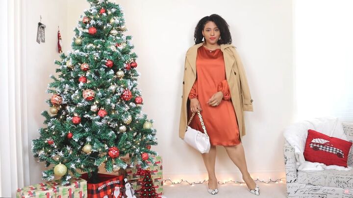 5 cute colorful christmas dress outfits for the festive holidays, Adding a tan trench coat over the top