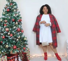5 cute colorful christmas dress outfits for the festive holidays, Red plaid coat with a white dress red boots