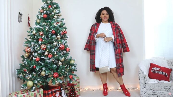 5 cute colorful christmas dress outfits for the festive holidays, Red plaid coat with a white dress red boots