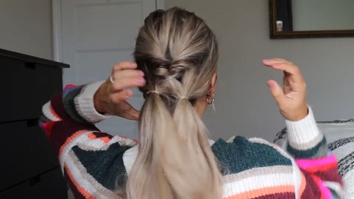 5 easy holiday hairstyles ponytails braided updos chignons more, Splitting the hair into two tied sections