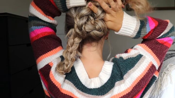 5 easy holiday hairstyles ponytails braided updos chignons more, Pulling the left braid through the other side