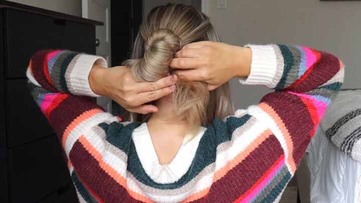5 easy holiday hairstyles ponytails braided updos chignons more, Twisting the middle hair section into a bun