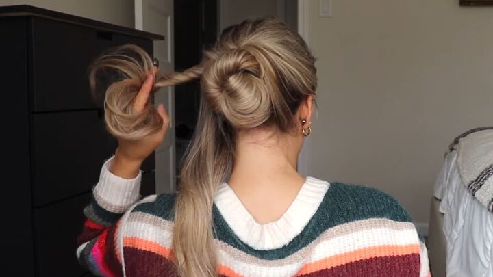 5 easy holiday hairstyles ponytails braided updos chignons more, Wrapping the the twist around the bun