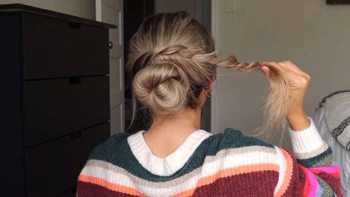 5 easy holiday hairstyles ponytails braided updos chignons more, Wrapping the twisted braid around the bun