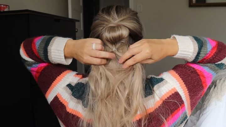 5 easy holiday hairstyles ponytails braided updos chignons more, Tightening the ponytail over the bun
