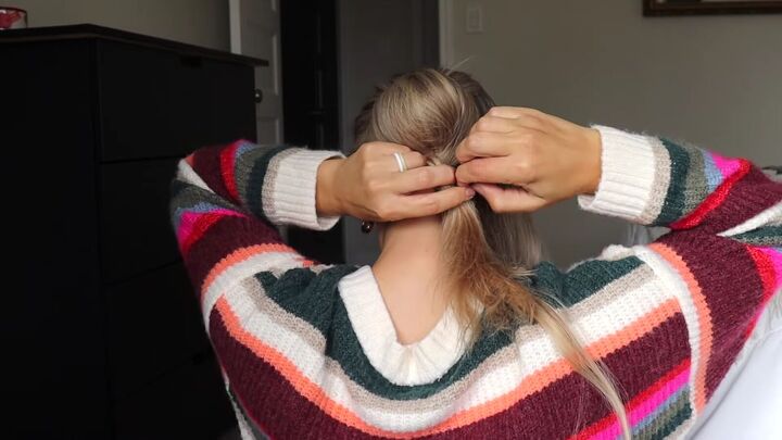 5 easy holiday hairstyles ponytails braided updos chignons more, Gathering and tying hair ends at the bottom