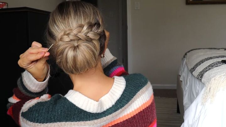 5 easy holiday hairstyles ponytails braided updos chignons more, Draping the braid over the chignon pinning