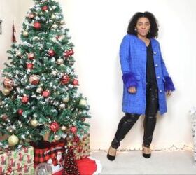 9 cute new year s eve outfit ideas from comfy casual to partywear, Blue tweed coat for New Year s Eve celebrations