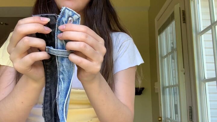 how to make a cute diy jean bralette out of 2 pairs of old jeans, Making an easy DIY bralette out of jeans