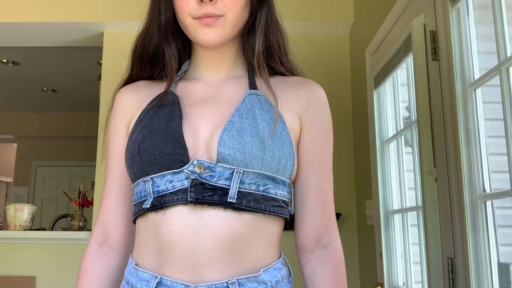 how to make a cute diy jean bralette out of 2 pairs of old jeans, DIY jean bralette