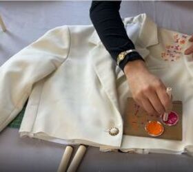 3 easy diy blazer alterations you can do to refashion your jackets, Stamping the white blazer with fabric paint