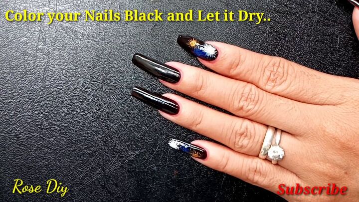 how to do black gold new years nails with fun firework designs, Painting nails black ready for the nail art