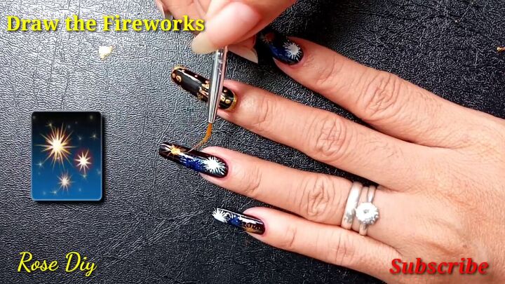 how to do black gold new years nails with fun firework designs, How to do easy firework nails