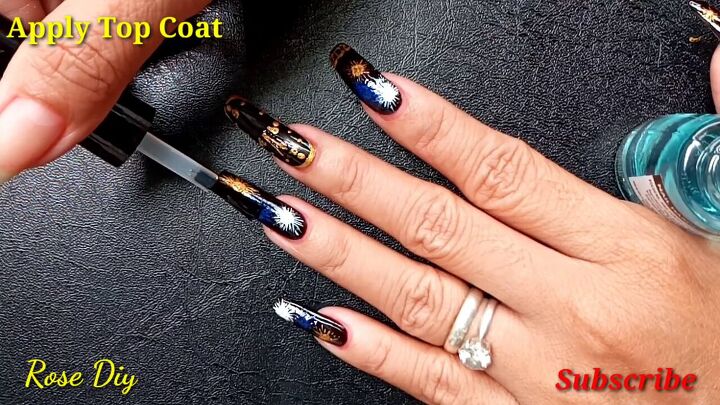 how to do black gold new years nails with fun firework designs, Nail designs for New Year s