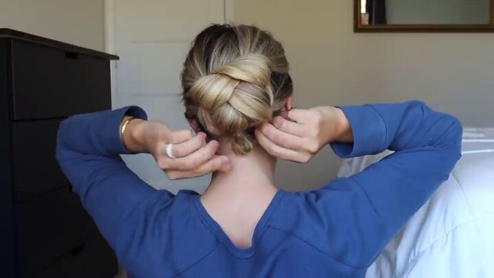 try this easy updo hair hack for a sophisticated elegant hairstyle, Tucking and securing the ends of hair